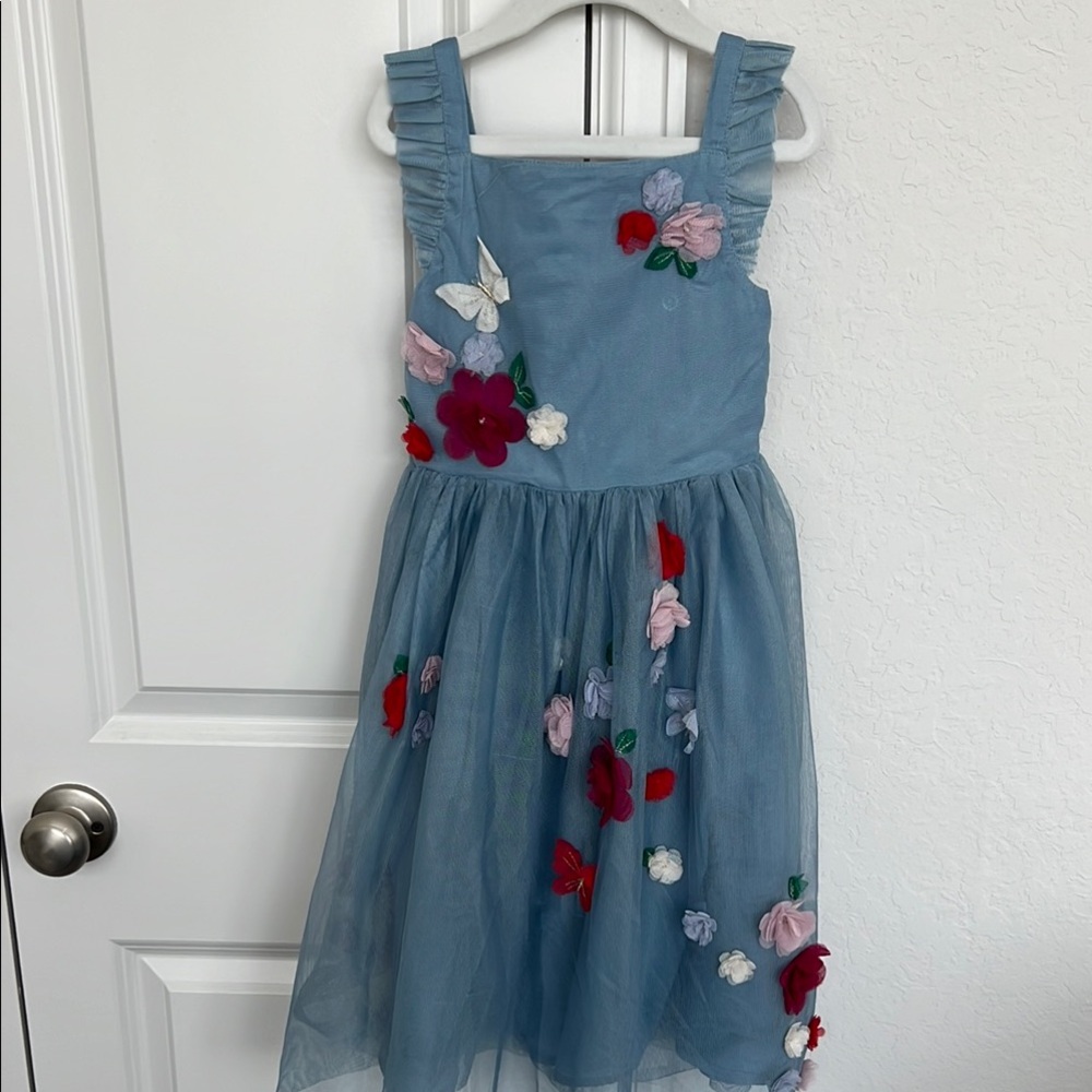 Mini Boden Special Occasion Floral Embroidered Blue Kids Dress